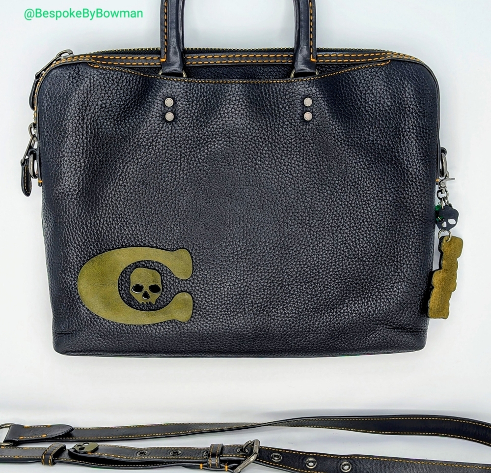 Coach Rogue Slim Briefcase -One of Kind Custom Upcycled Bag with Skulls. Black - Picture 4 of 16